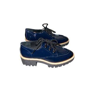 Donald Pliner Evans Crinkle Navy Blue Patent Oxford Preppy Loafers Women size 5